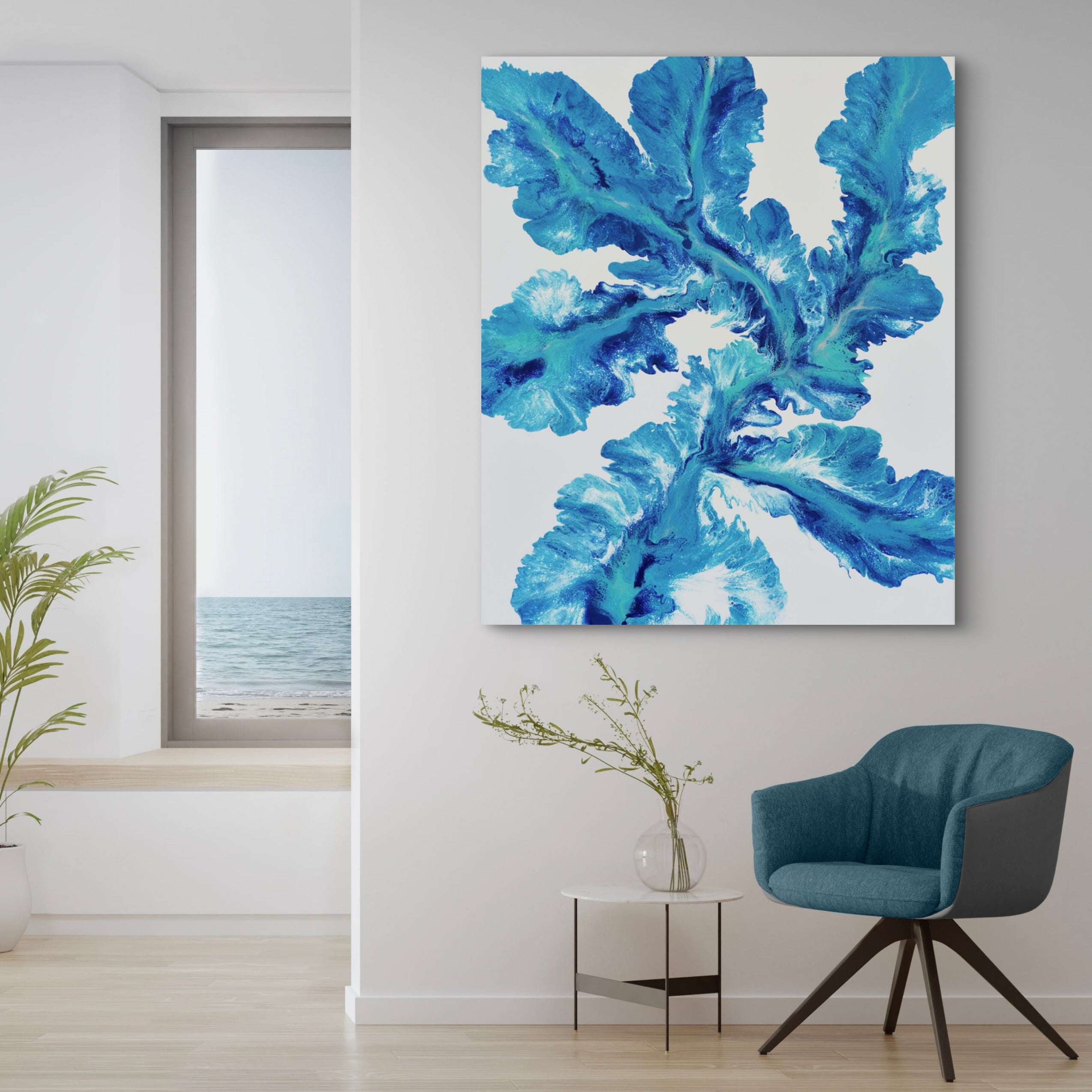 Byron Blue 120cm x 100cm Floral and Coral Art Painting (SOLD)