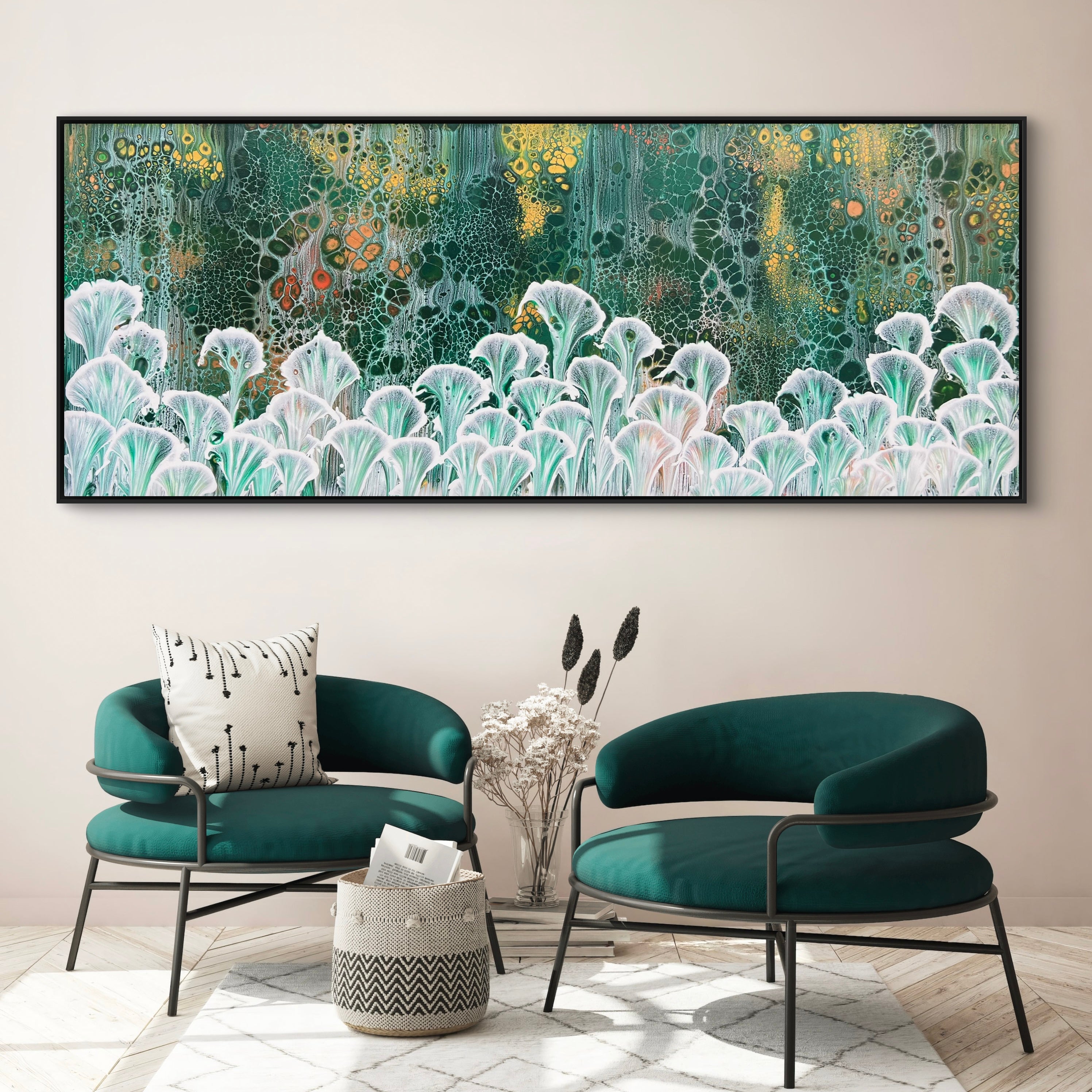 Emerald Lilies 200cm x 80cm Floral and Coral Art Painting (SOLD)