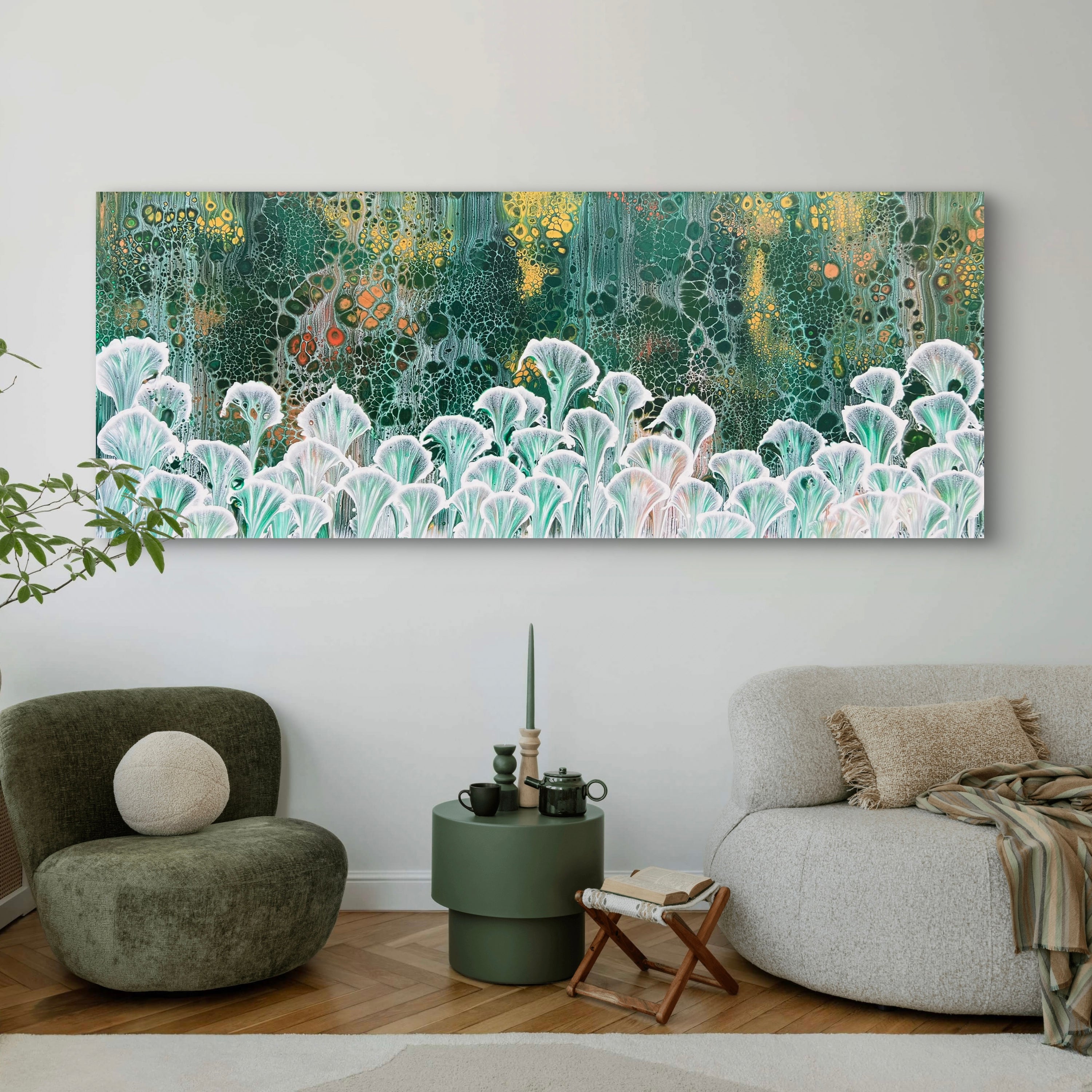 Emerald Lilies 200cm x 80cm Floral and Coral Art Painting (SOLD)