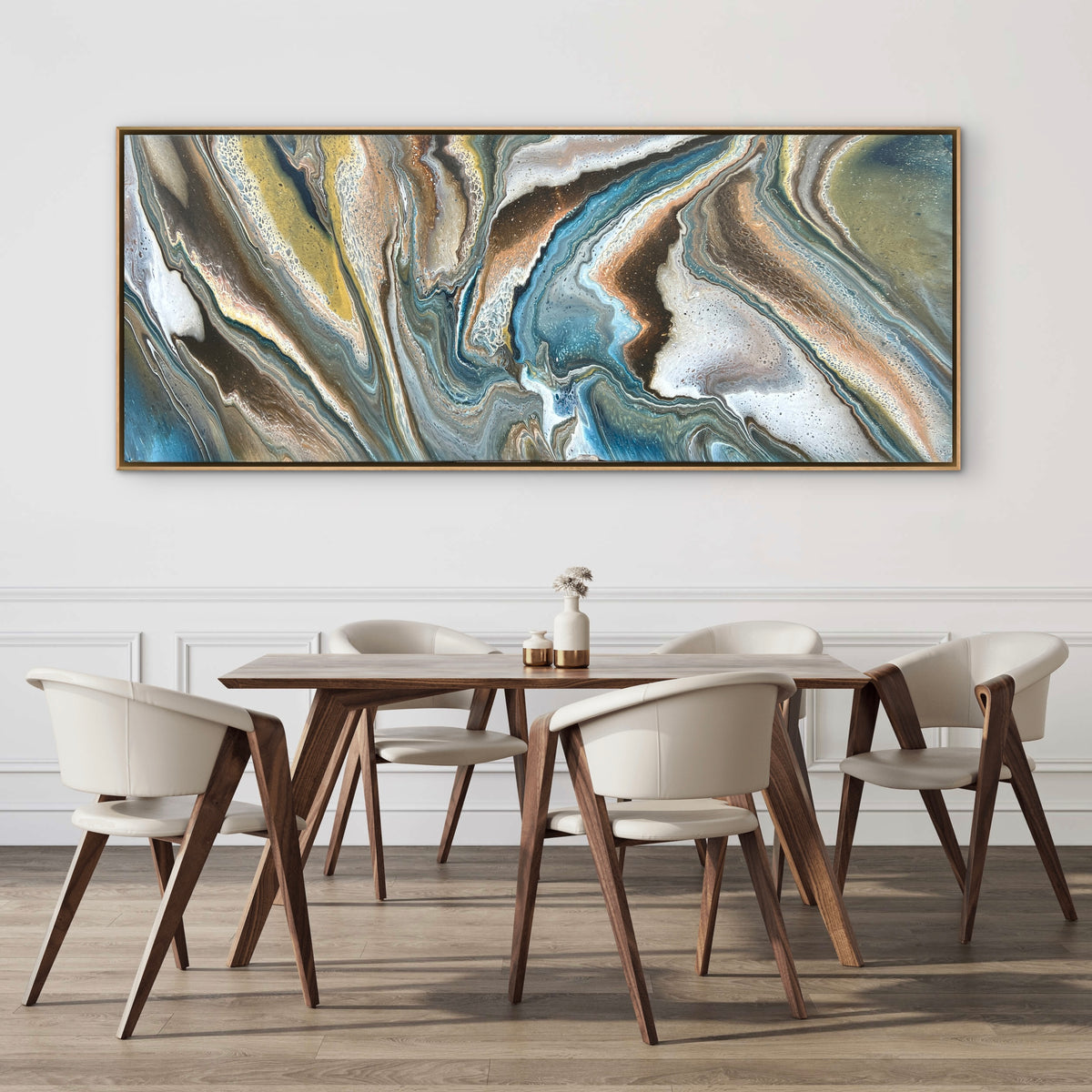 Large original contemporary modern abstract painting by Australian artist Taylor Rose inspired by marble. Featuring flowing navy, brown, grey and white acrylic layers, displayed in a neutral dining room with a natural oak floating frame.