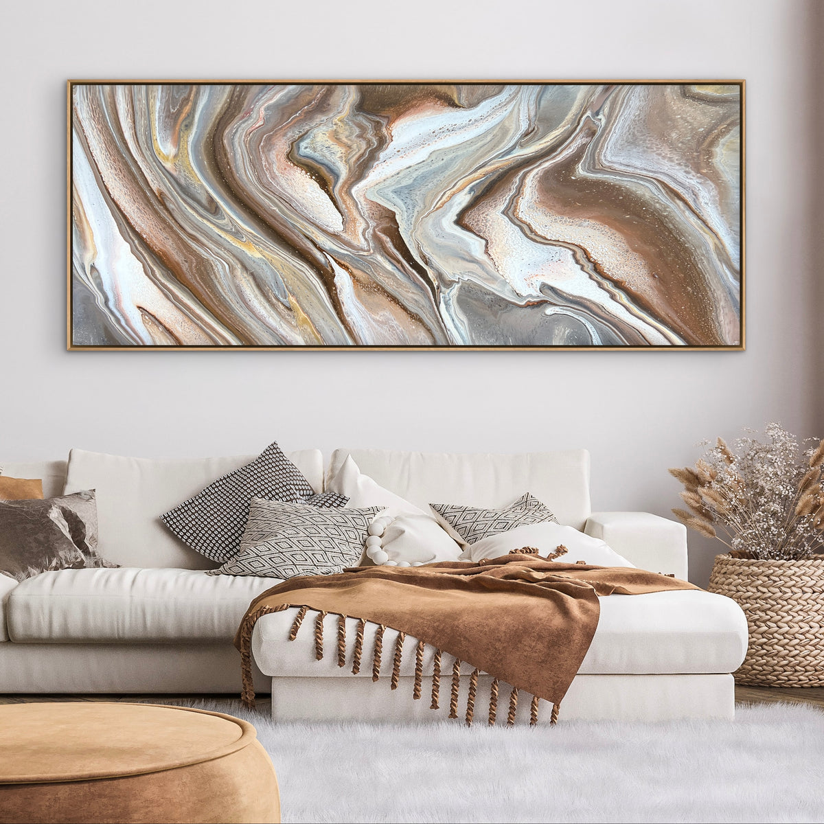 Large original contemporary modern abstract painting by Australian artist Taylor Rose inspired by marble. Featuring flowing grey, brown and white acrylic layers, displayed in a neutral lounge room above a white couch with a natural oak floating frame.