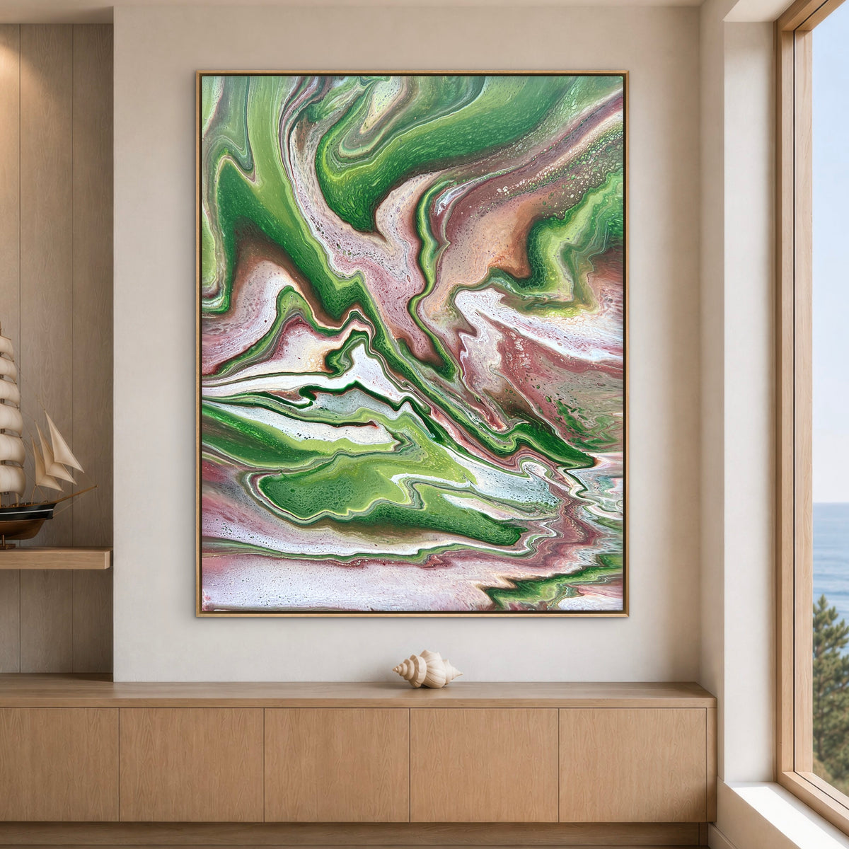 Large original contemporary modern abstract painting by Australian artist Taylor Rose inspired by marble. Featuring flowing green, mauve and white acrylic layers, displayed in a coastal lounge room niche with a natural oak floating frame.