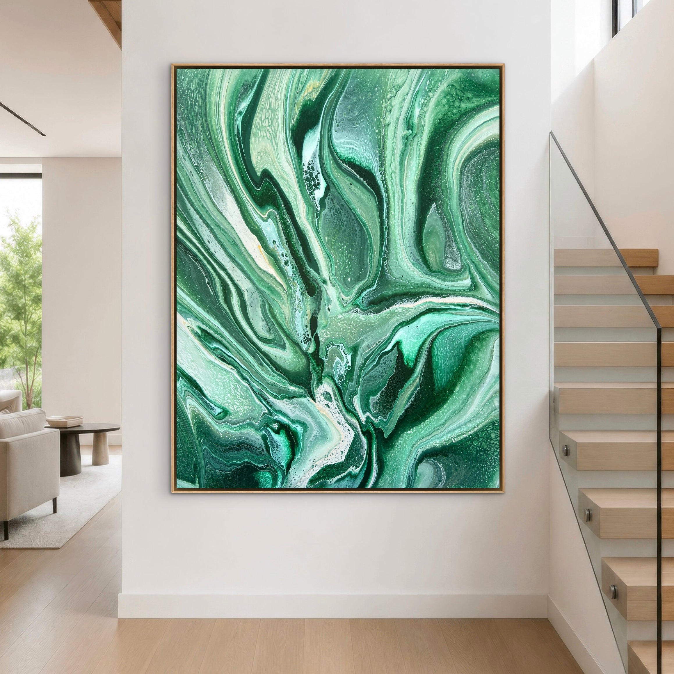 Oversized original contemporary abstract painting by Australian artist Taylor Rose inspired by rainforest landscapes and features flowing green, pastel blush, pastel purple, gold and white acrylic layers with harmonious organic movement, displayed in a modern dining room with a natural oak float frame.