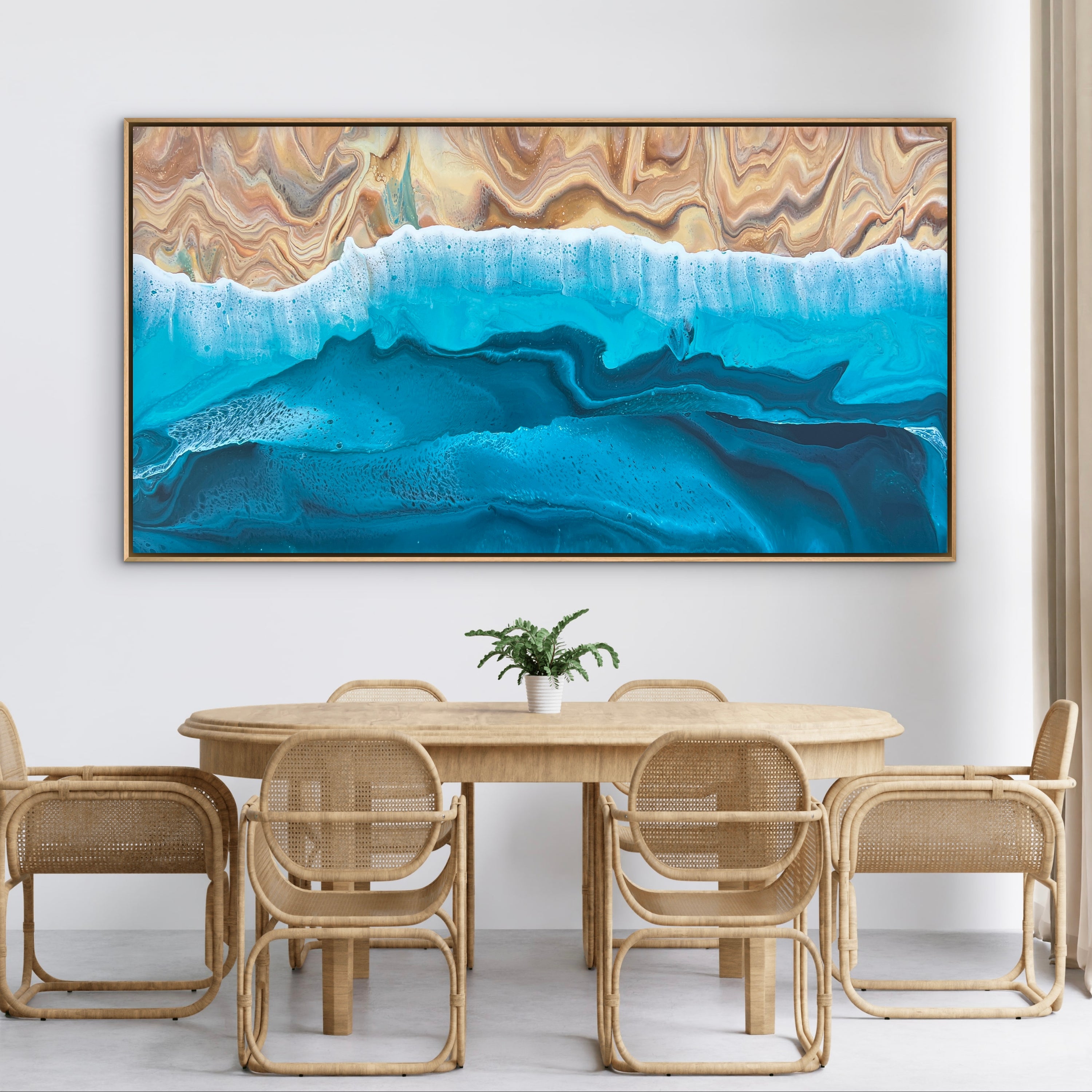 Large original contemporary abstract painting by Australian artist Taylor Rose featuring teal, white and warm sand toned acrylic layers inspired by Australian beaches, displayed in a ultra modern home with a natural oak float frame.