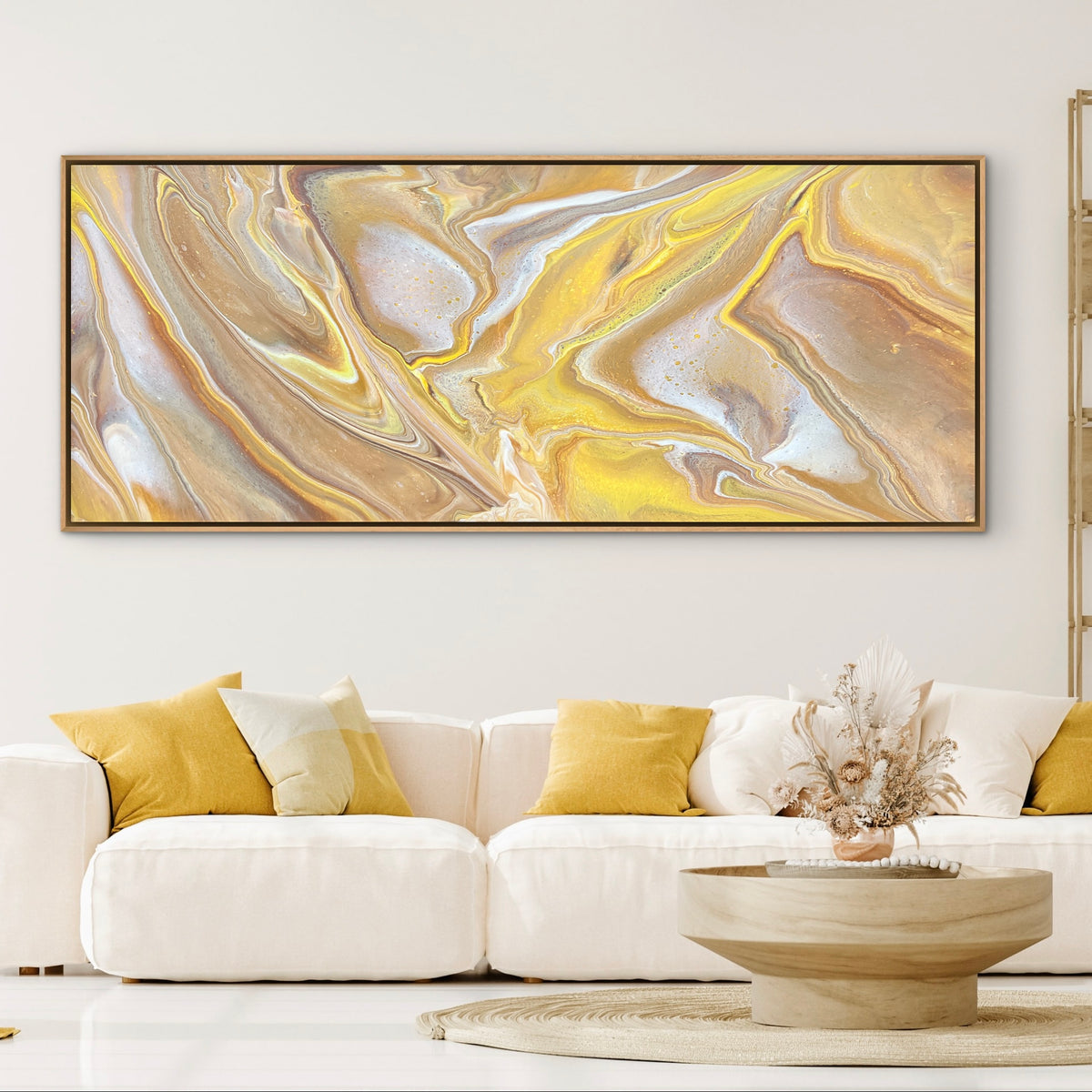 Large original contemporary modern abstract painting by Australian artist Taylor Rose inspired by the sun. Featuring flowing pastel yellow, beige, gold and white acrylic layers, displayed in a modern lounge room with a natural oak floating frame.