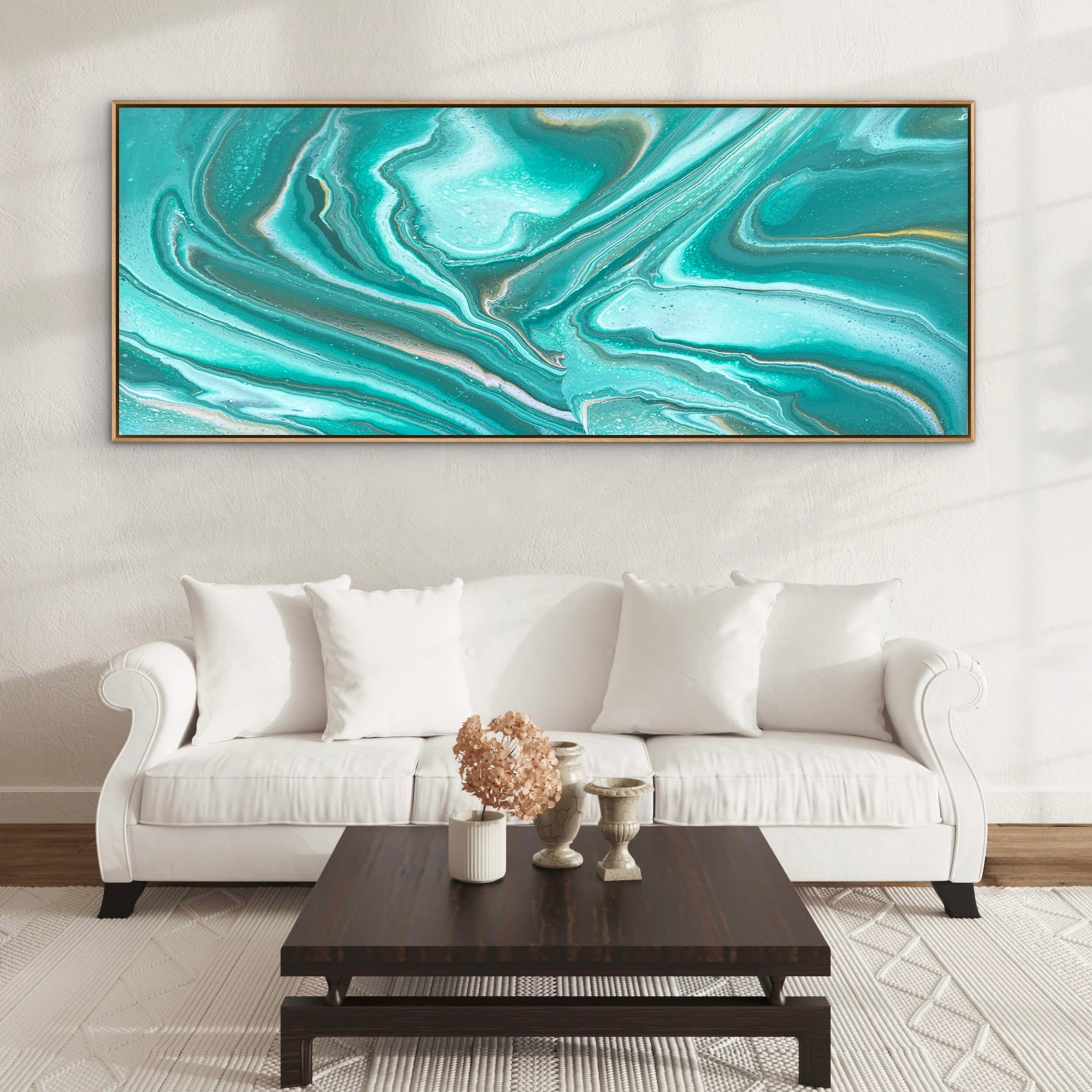 Oversized original contemporary abstract painting by Australian artist Taylor Rose inspired by Japanese Jade dragons and features flowing jade, teal, blush, gold and white acrylic layers with harmonious organic movement, displayed in a modern lounge room with a natural oak float frame.