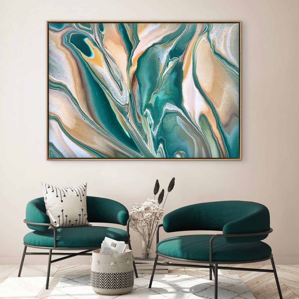 Large original contemporary modern abstract painting by Australian artist Taylor Rose inspired by nature. Featuring flowing jade green, beige and white acrylic layers, displayed in a modern lounge room with a black oak floating frame.