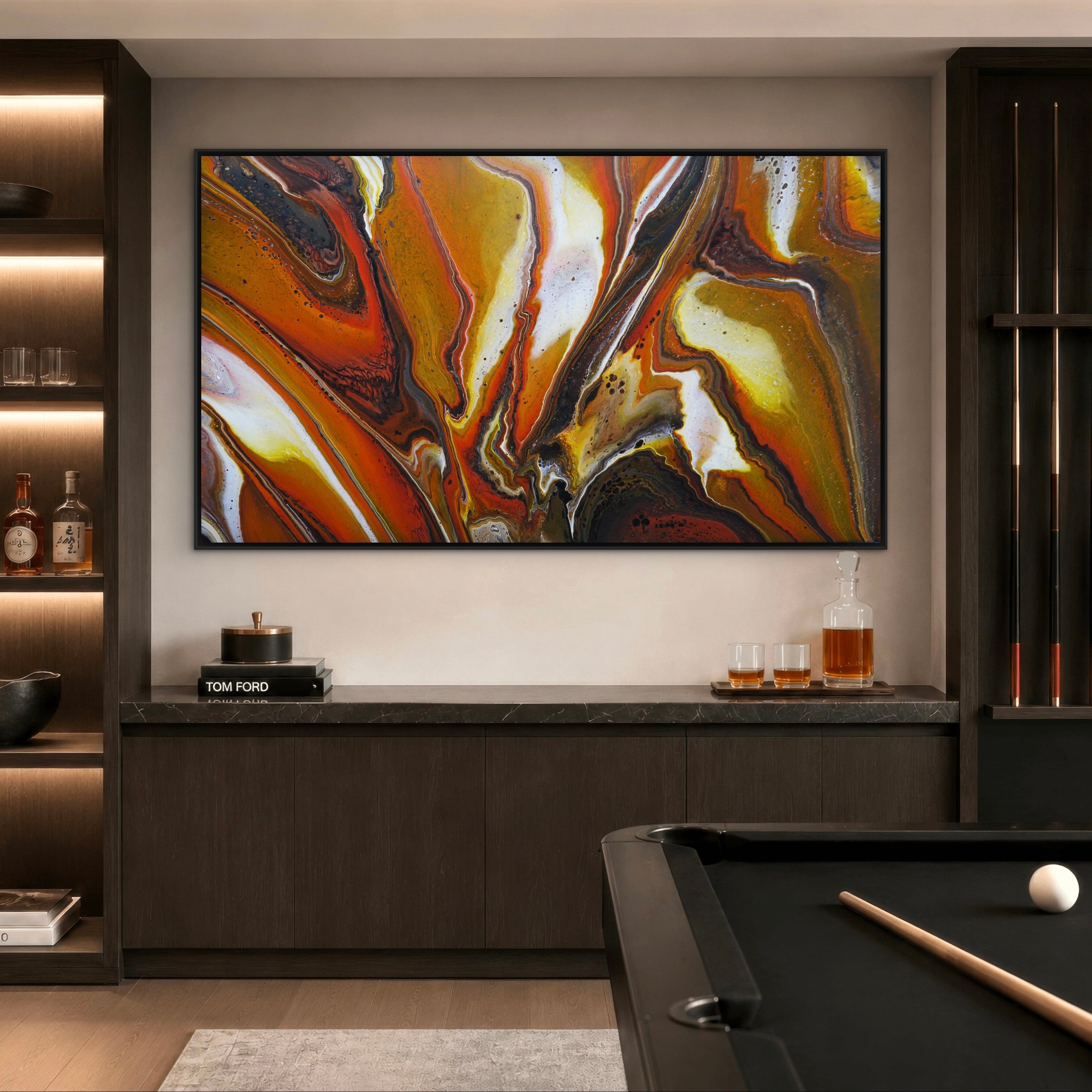 Oversized original contemporary abstract painting by Australian artist Taylor Rose inspired by the Outback. Features flowing sienna, orange, black, copper, gold and white acrylic layers with harmonious organic movement, displayed in a modern dining room with a natural oak float frame.